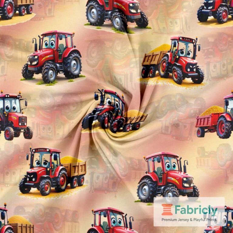 Roter Traktor auf dem Hof Baumwolljersey