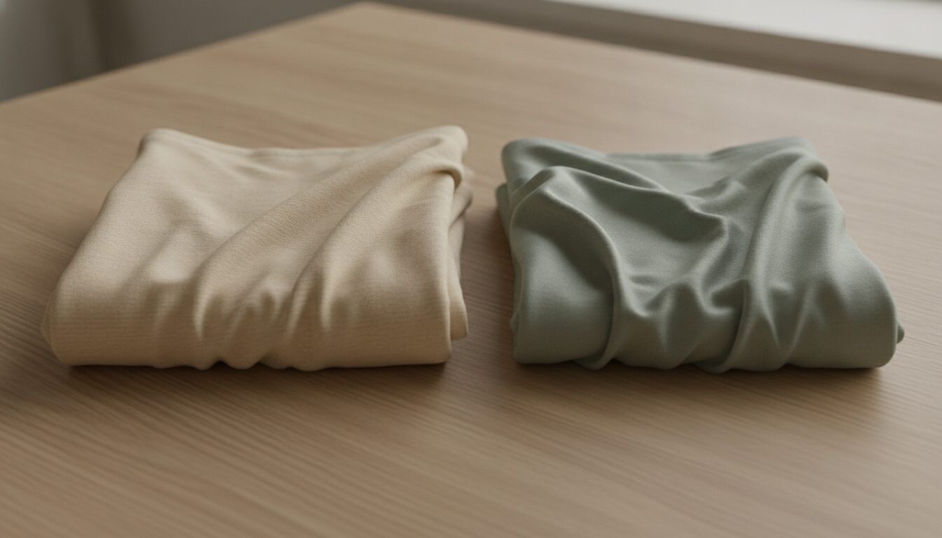 Baumwolljersey in Creme neben Bambusjersey in Salbeigrün auf hellem Holztisch