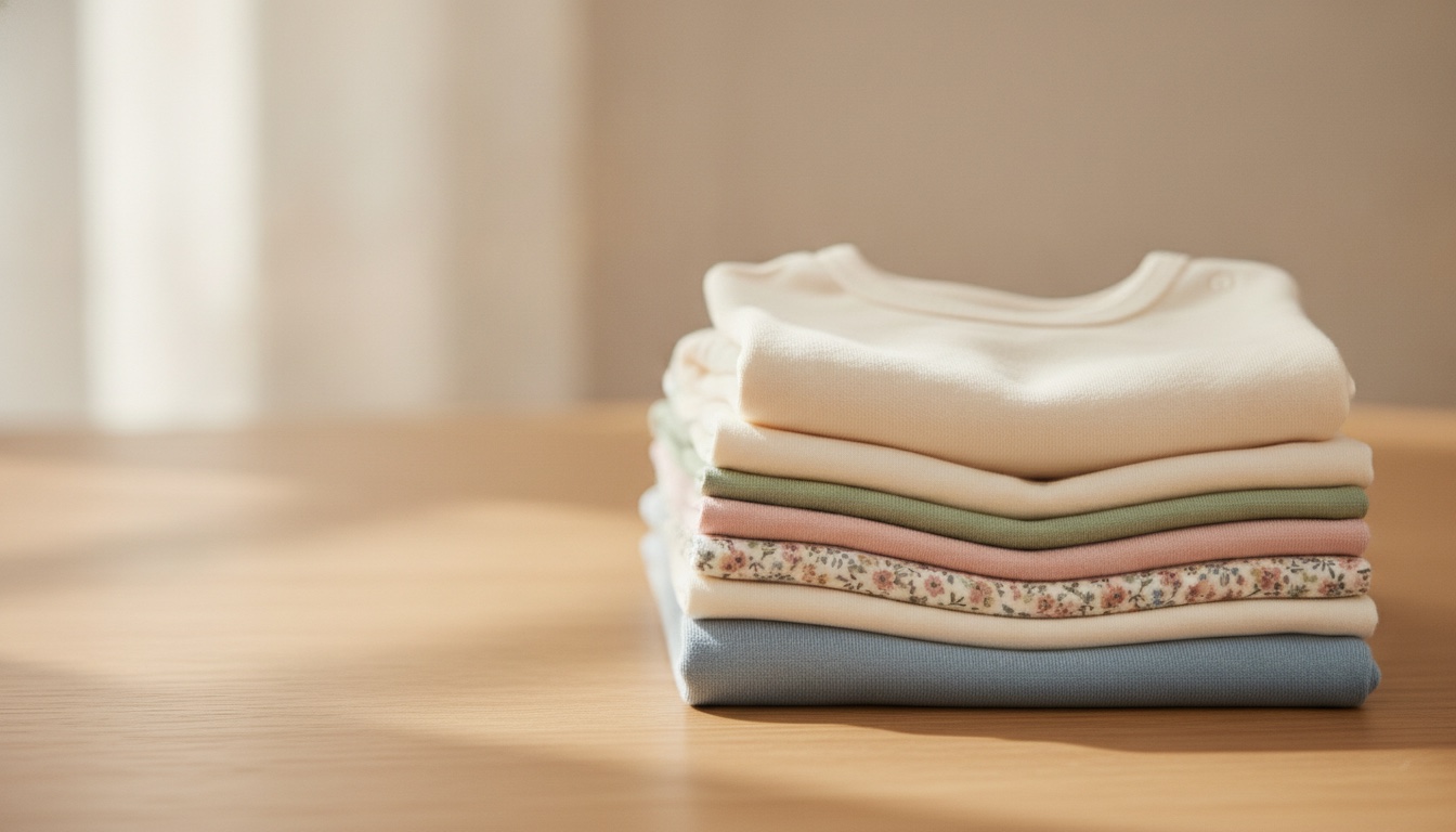 Stapel weich gefalteter Baby-Jerseystoffe in Creme, Salbei und Blush auf hellem Holztisch
