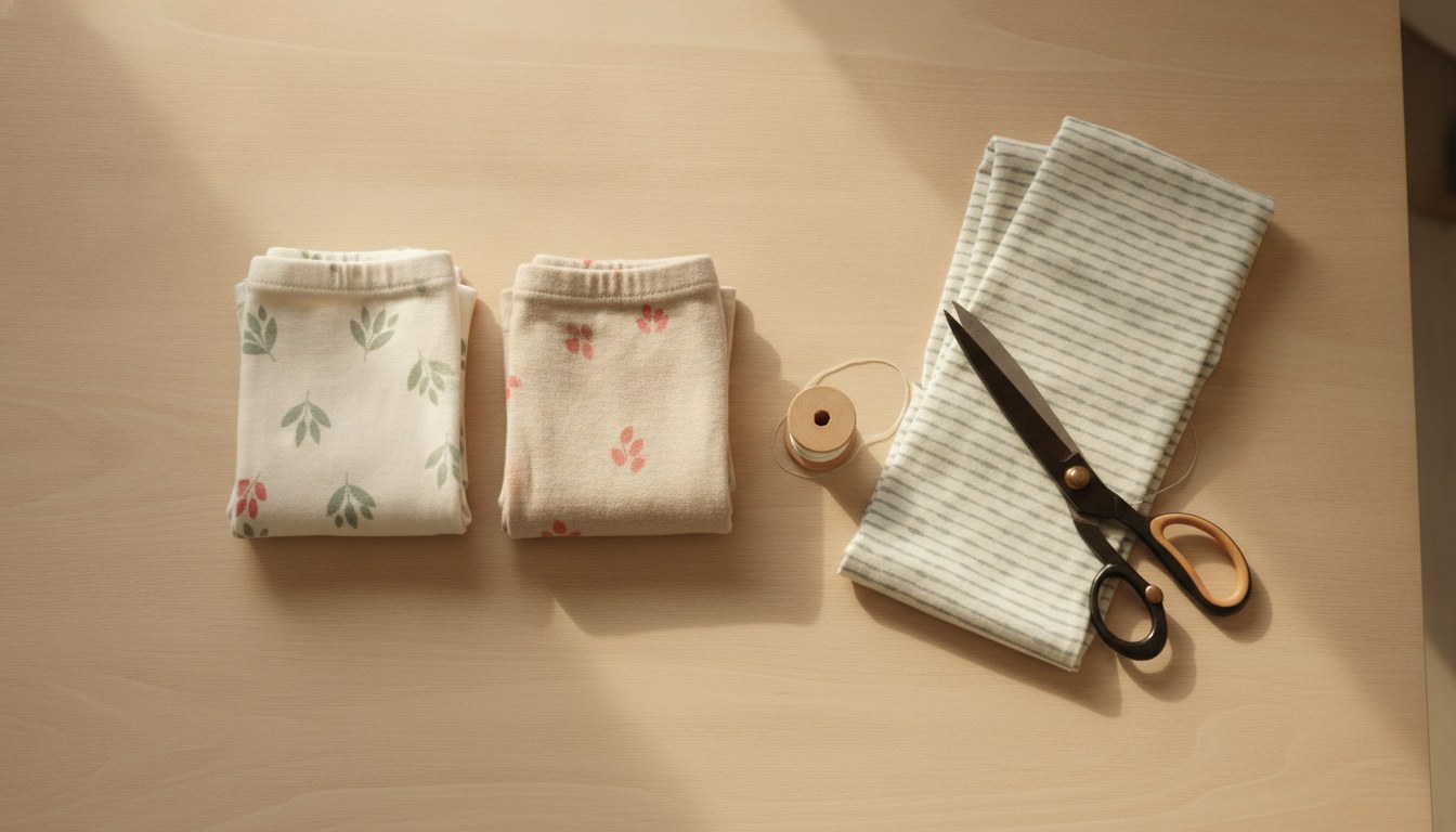 Gefaltete Baby-Leggings aus weichem Baumwolljersey neben Stoff und Schere auf hellem Holztisch