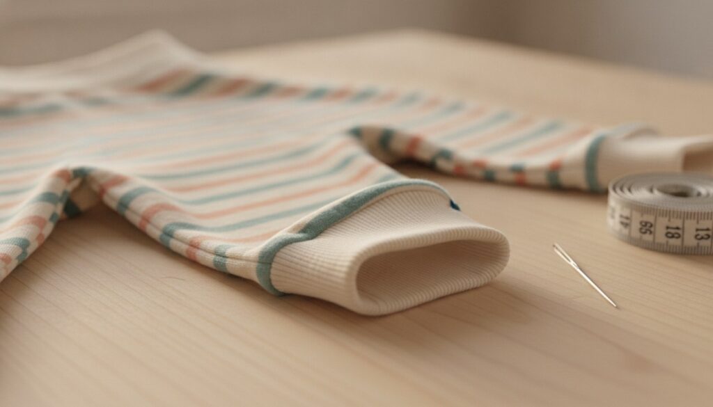Gestreifter Baumwolljersey für Baby-Leggings mit Rippbündchen auf hellem Holztisch
