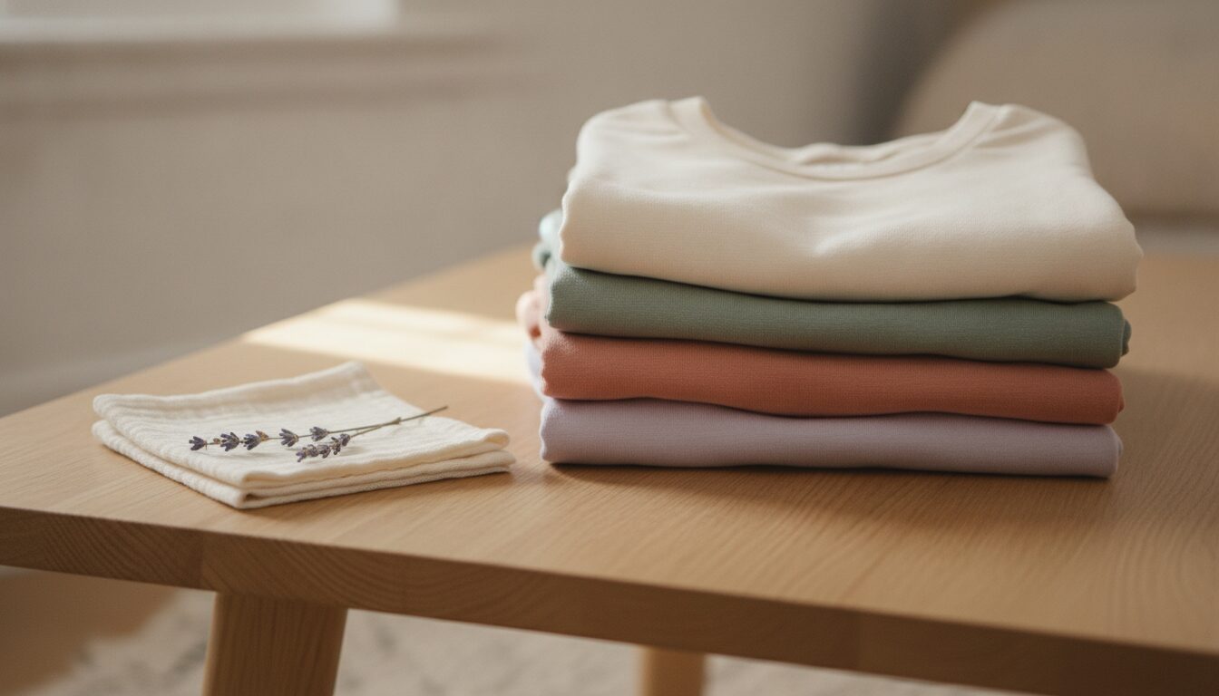 Stapel weicher Kinder-Pyjamas aus Baumwolljersey und Bambusjersey auf hellem Holztisch