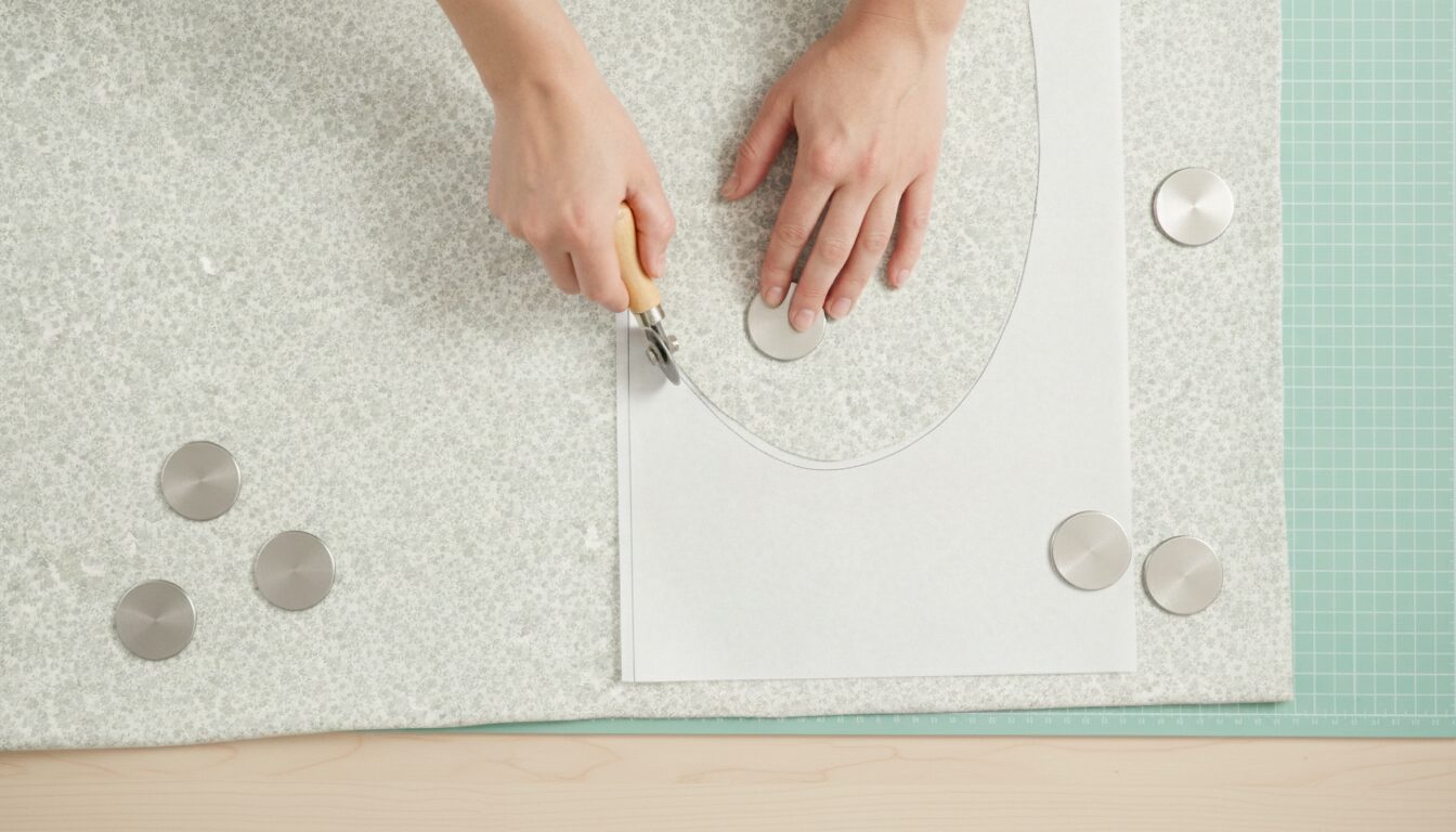 Jersey mit Rollschneider und Pattern-Gewichten auf einer Schneidematte zuschneiden
