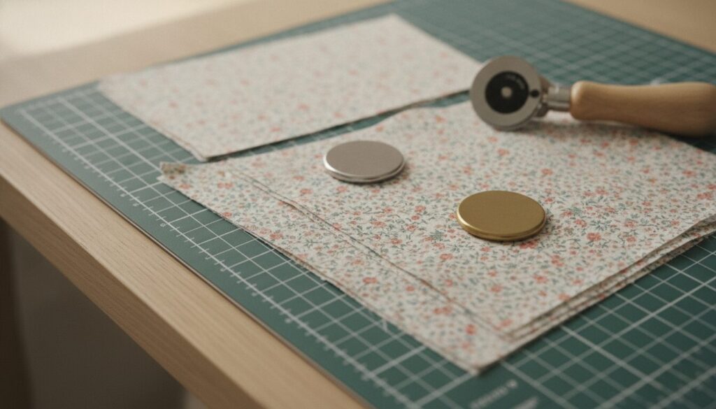 Sauber zugeschnittene Baumwolljersey-Teile mit Pattern-Gewichten und Rollschneider auf der Schneidematte