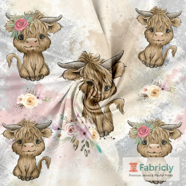 Highland-Kuh mit Blumen Creme Baumwolljersey