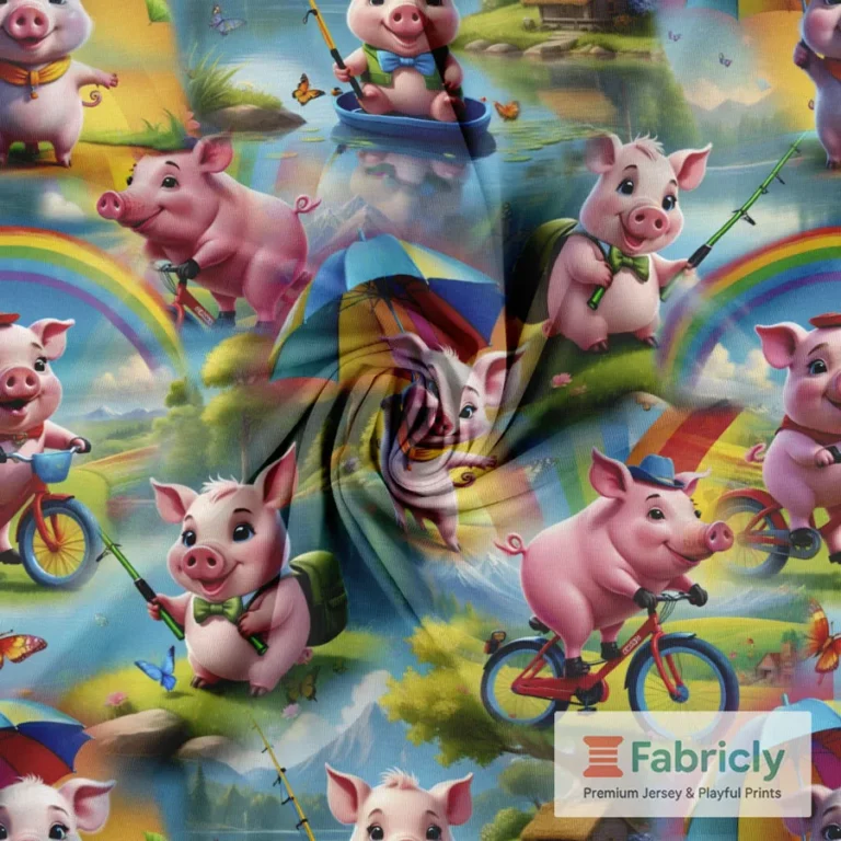 Verspieltes Schweinchen-Abenteuer Blau Baumwolljersey