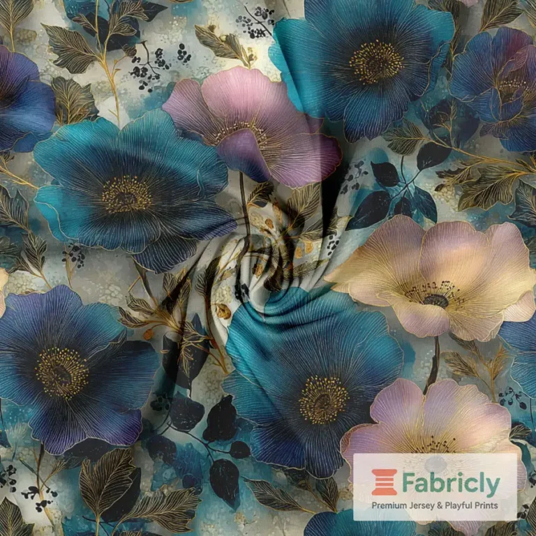 Mohnblüten Blau-Gold Baumwolljersey