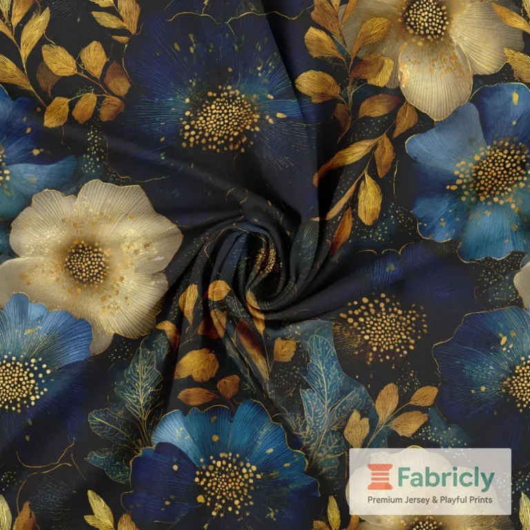 Mohnblüten Blau-Gold Navy Baumwolljersey