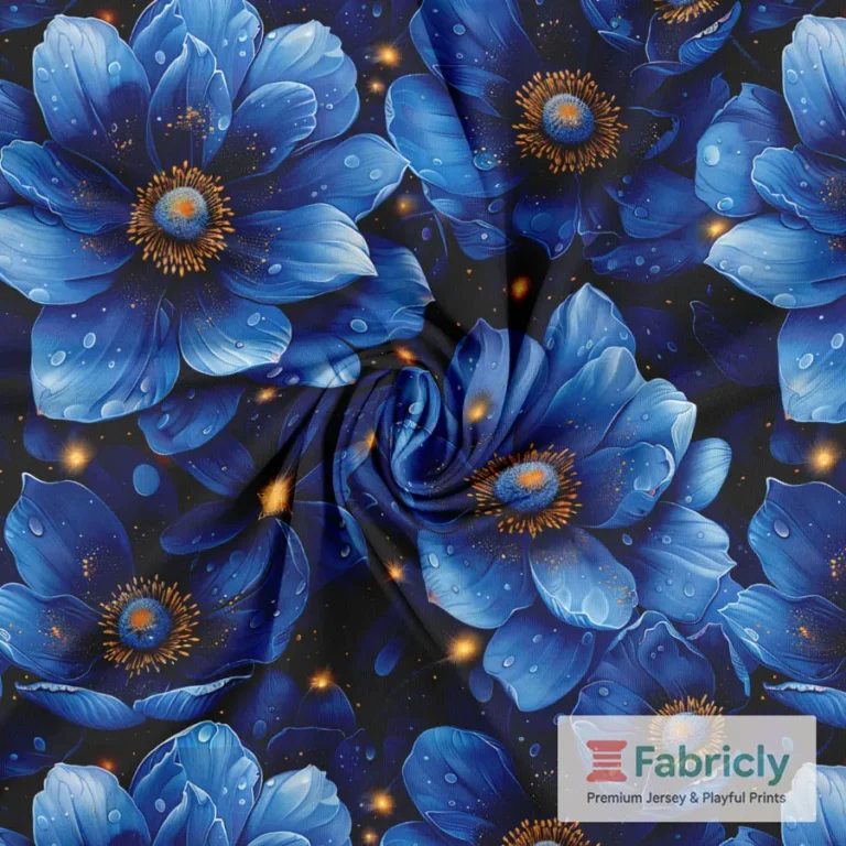 Leuchtende blaue Blumen Schwarz Baumwolljersey