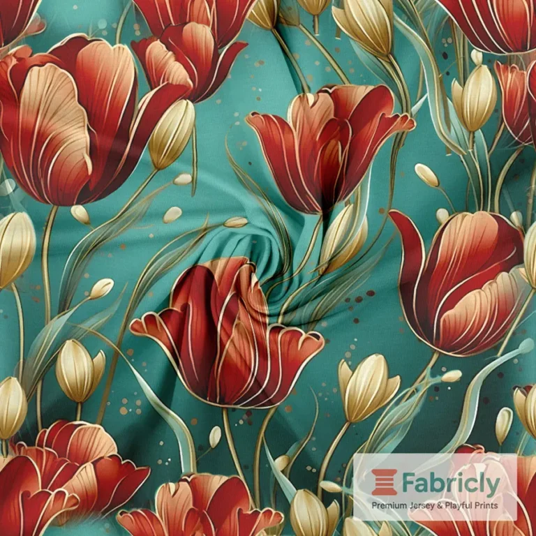 Tulpen Rot-Creme auf Petrol Baumwolljersey