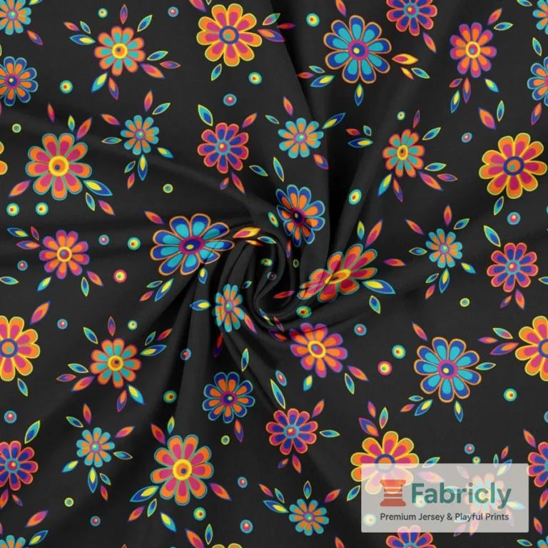 Retro Folk-Blumen Schwarz Baumwolljersey