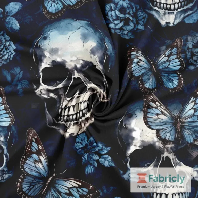 Gothic-Schädel & Morpho-Falter Blau Baumwolljersey
