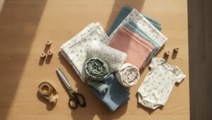 Bunte Baumwolljersey-Stoffe, Schere und Maßband als Flatlay auf hellem Holztisch