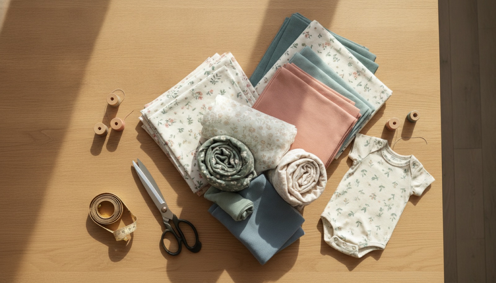 Bunte Baumwolljersey-Stoffe, Schere und Maßband als Flatlay auf hellem Holztisch