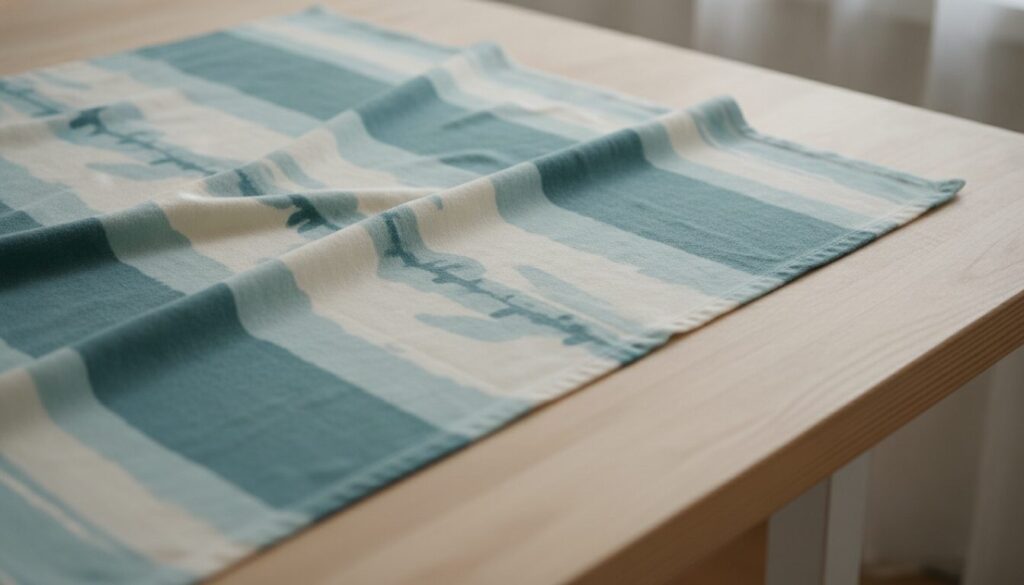 Frisch gewaschener Jersey in Petrol und Creme, liegend getrocknet auf hellem Holz
