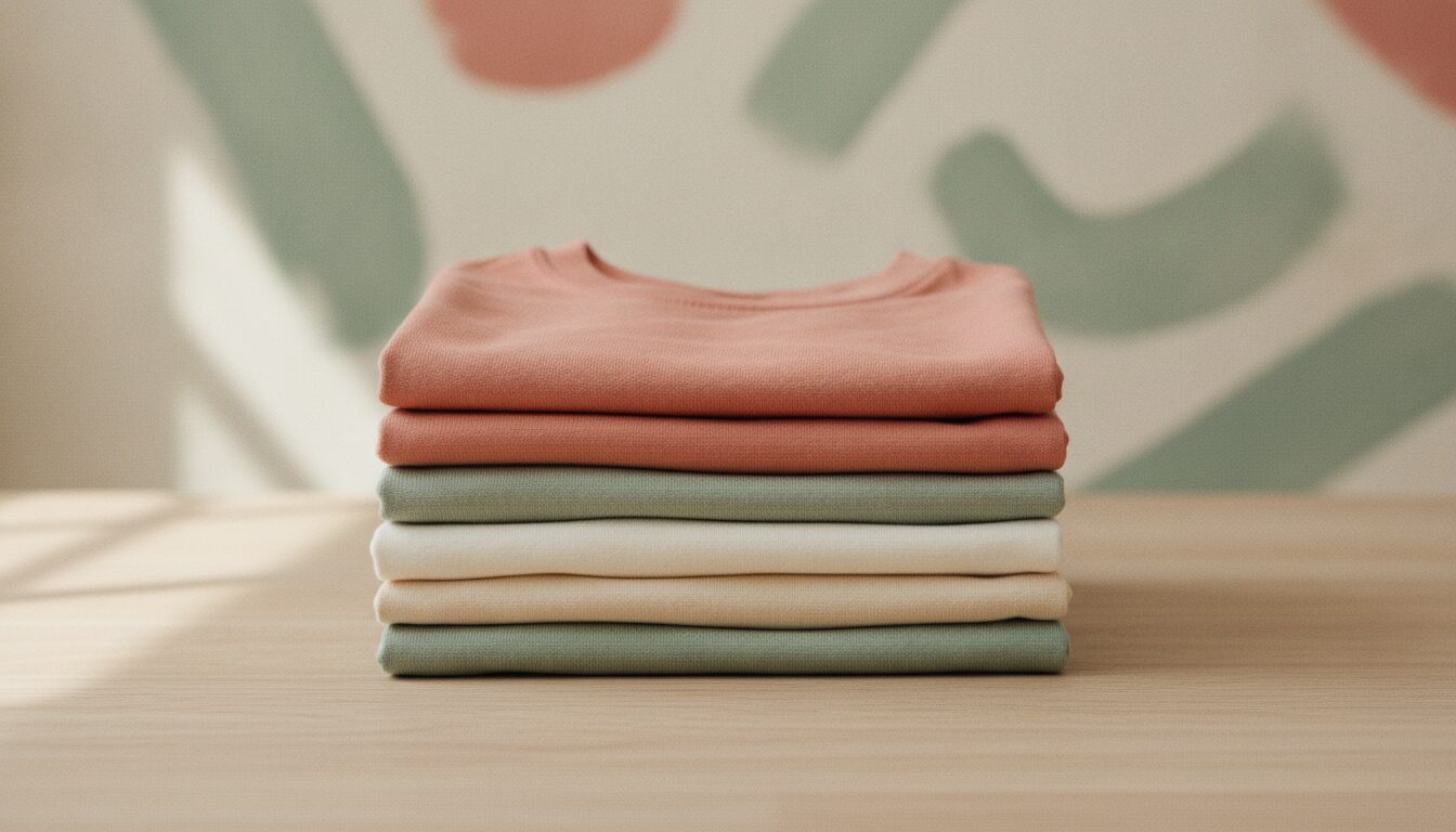Stapel gefalteter Kinder-T-Shirts aus Baumwolljersey in Koralle, Salbeigrün und Creme auf hellem Holztisch