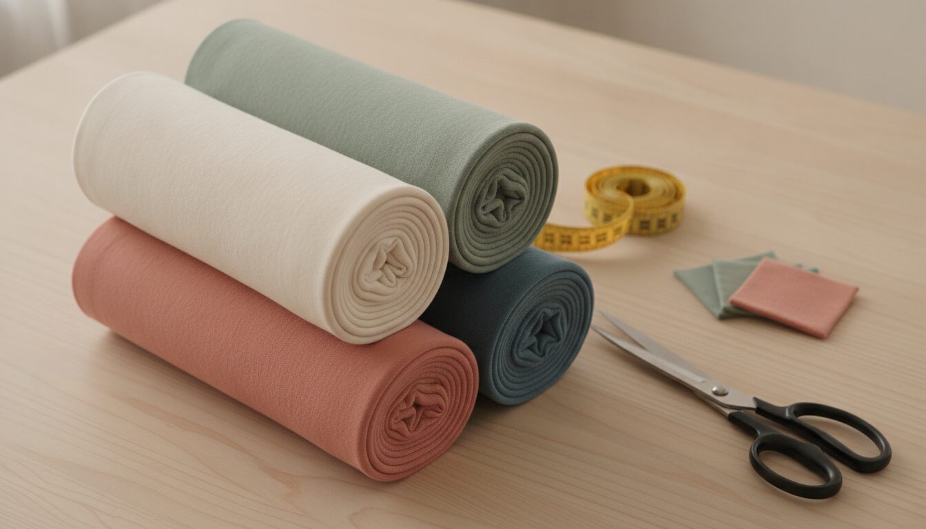 Gerollte Baumwolljersey-Stoffe in Creme, Salbei und Koralle mit Maßband und Schere