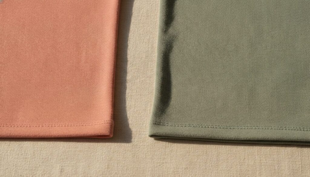 Single Jersey und Double Jersey Stoff nebeneinander auf hellem Holztisch