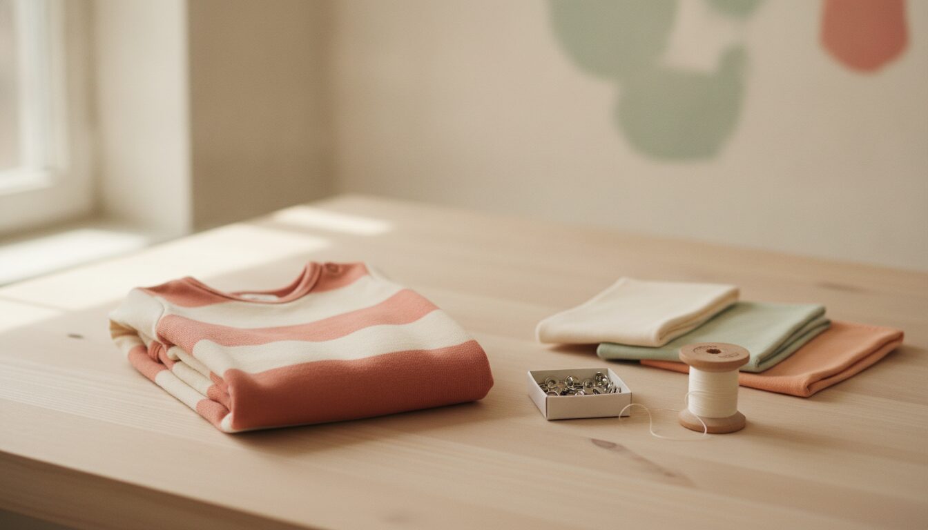 Gefalteter Babystrampler aus weichem Baumwolljersey auf hellem Holztisch