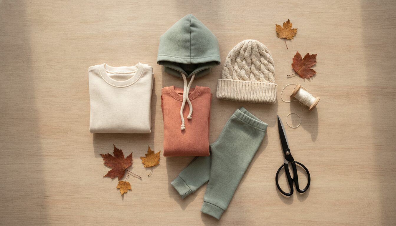 Selbstgenähte Kinderkleidung zum Schulanfang: T-Shirt, Hoodie, Leggings und Mütze aus Jersey flach gelegt