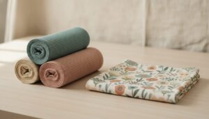 Aufgerollte Rippjersey-Bündchen in Teal, Altrosa und Beige neben Baumwolljersey mit Blumendruck auf hellem Holztisch