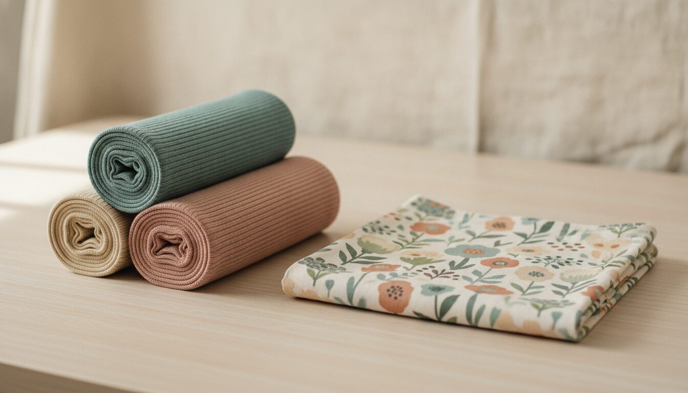 Aufgerollte Rippjersey-Bündchen in Teal, Altrosa und Beige neben Baumwolljersey mit Blumendruck auf hellem Holztisch