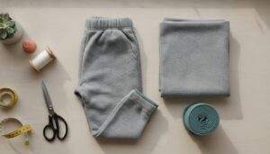 Gefaltete graue Kinder-Jogginghose aus French Terry mit Bündchenstoff, Garn und Schere auf Holztisch