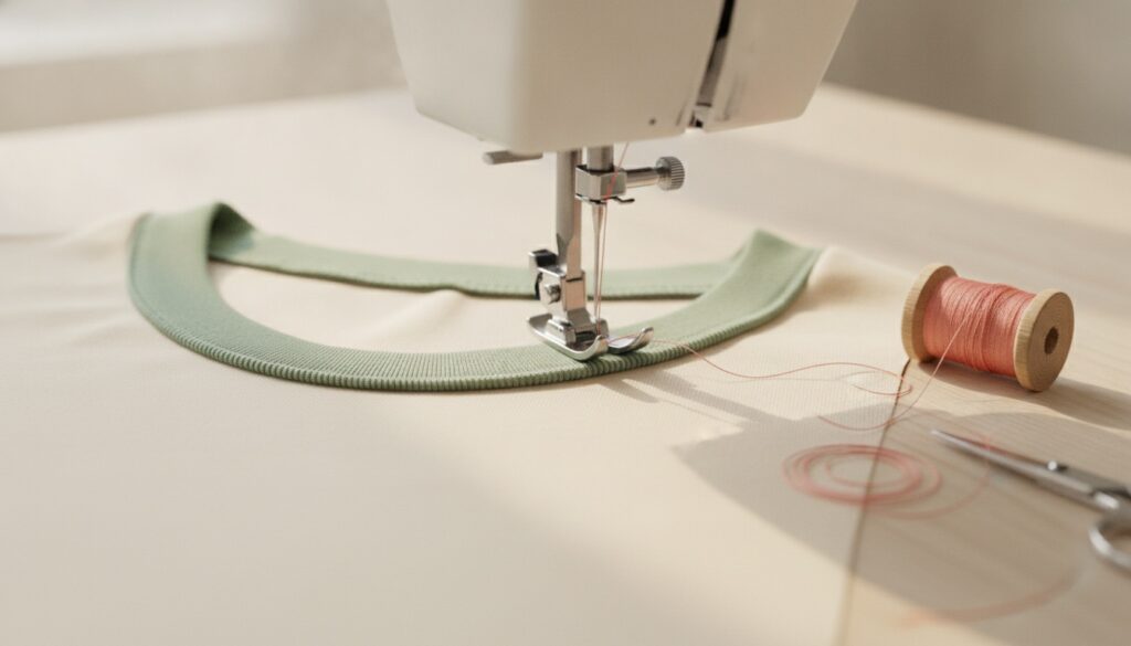 Nähmaschine näht ein Rippjersey-Halsbündchen an Baumwolljersey auf hellem Holztisch