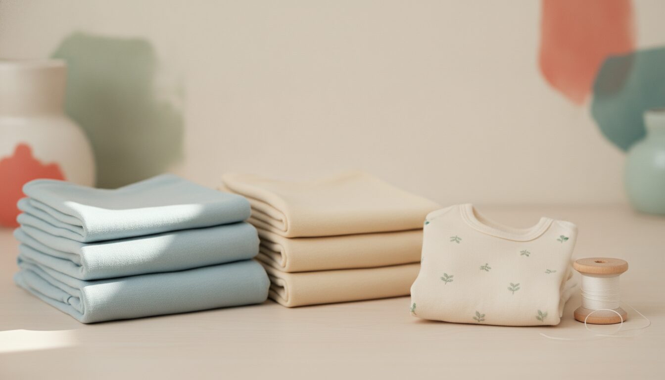 Gefaltete Stapel aus Bambusjersey und Baumwolljersey neben einem Babybody auf hellem Holztisch