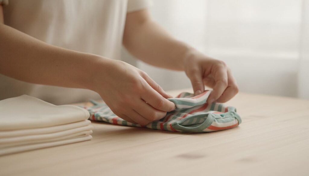 Hände falten einen weichen Babybody aus Bambusjersey neben gestapeltem Baumwolljersey