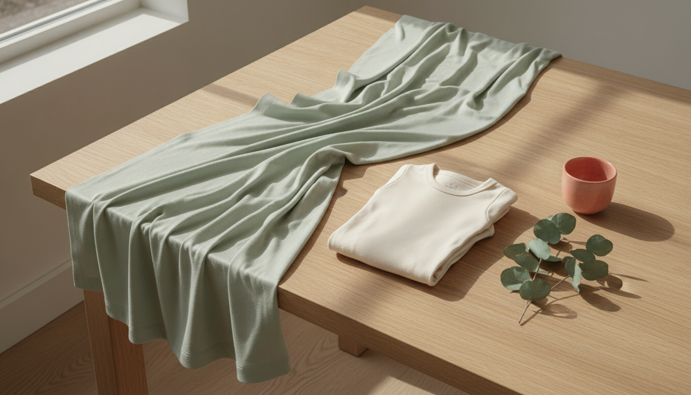 Weicher Bambusjersey in Salbeigrün auf hellem Holztisch mit gefaltetem Babybody