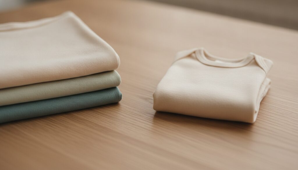 Gestapelter weicher Bambusjersey in Creme, Salbeigrün und Petrol neben einem gefalteten Babybody