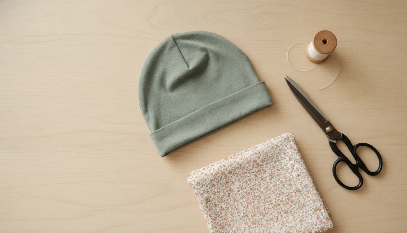 Selbstgenähtes Kinder-Beanie aus salbeigrünem Baumwolljersey mit Schere, Garnrolle und Blümchenstoff auf hellem Holztisch